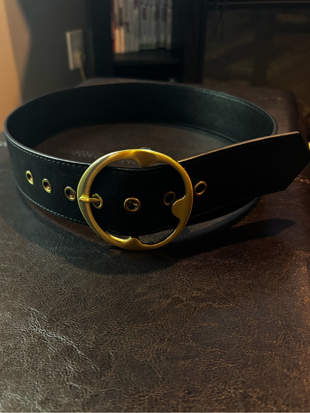 Black Pleather Belt with Gold Round Buckle